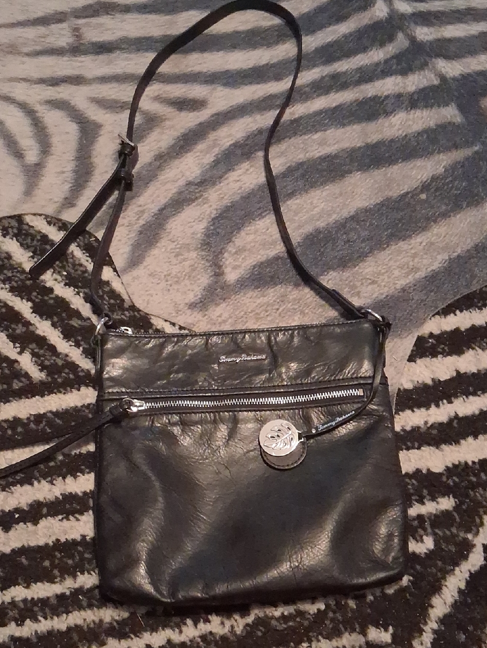Tommy Bahama Black Buttery Soft Leather Crossbody with Front Zip and Logo Charm